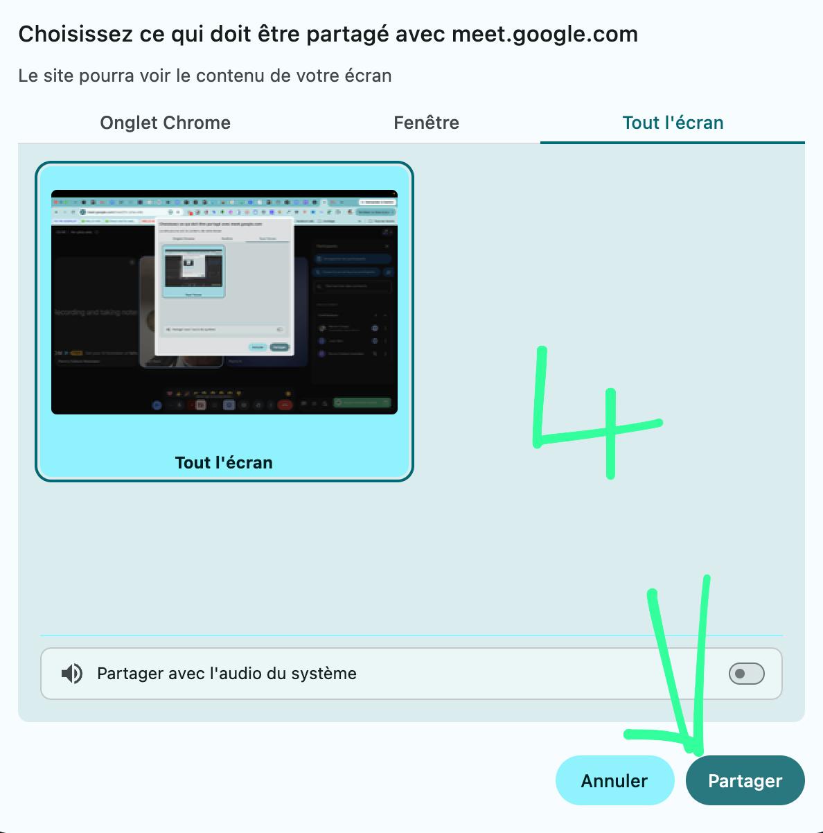 Fenêtre de partage, une flèche verte pointe vers le bouton Partager en bas à droite